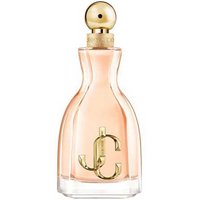 Jimmy Choo 'I Want Choo' perfume, 60ml clear bottle with gold cap and JC logo, peach-hued fragrance inside.