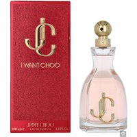 Jimmy Choo I Want Choo Eau de Parfum 100ml, clear bottle with gold cap, red box with gold logo and text.
