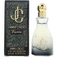 Jimmy Choo I Want Choo Forever Eau De Parfum 4.5ml, black and gold bottle with a rounded cap, next to glittery box.