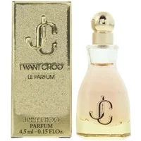 Jimmy Choo I Want Choo Le Parfum 4.5ml, gold box, clear bottle with gold cap, elegant design.
