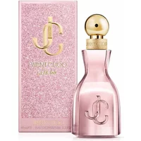 Pink Jimmy Choo perfume bottle with gold cap, embossed logo, and matching glittery pink box.