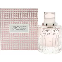 Jimmy Choo Illicit Flower Eau De Toilette 60ml in a faceted glass bottle with pink box featuring a checkered pattern.