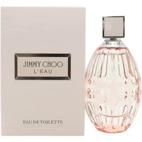 Jimmy Choo L'Eau Eau De Toilette 90ml, pink faceted glass bottle with silver cap, next to matching branded box.