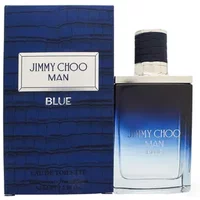 Jimmy Choo Man Blue Eau De Toilette 50ml bottle with gradient blue glass and textured dark blue cap, next to matching box.