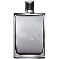 Clear glass bottle of Jimmy Choo Man Eau De Toilette, 200ml, with metallic cap and sleek, modern design.