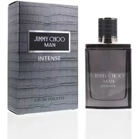 Jimmy Choo Man Intense Eau De Toilette 50ml, sleek dark bottle with black cap, next to textured gray box.