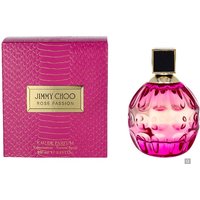 Pink Jimmy Choo Rose Passion perfume bottle with textured glass and gold cap, next to matching pink box.