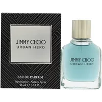 Jimmy Choo Urban Hero Eau De Parfum 30ml, clear glass bottle with silver cap, blue liquid, black box with silver label.