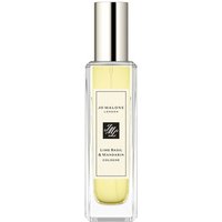 Clear glass bottle with yellow liquid, Jo Malone label, silver cap, Lime Basil & Mandarin Cologne 30 ml.
