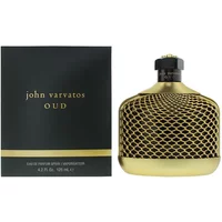 John Varvatos Oud Eau De Parfum 125ml with gold netted bottle and black cap beside black and gold packaging box.