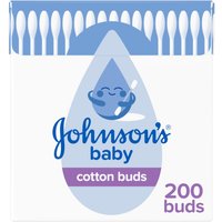 Johnson's Baby Cotton Buds box with blue logo, purple band, and 200 buds illustration on white background.