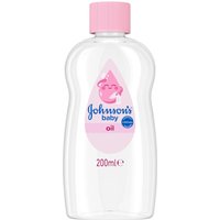 Clear plastic bottle of Johnson's Baby Oil 200ml with pink cap and label.