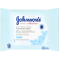 Johnson's Make-Up Be Gone 5in1 Cleansing Wipes pack, light blue with floral design, 25 pieces, dermatologically tested