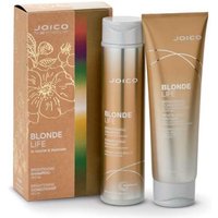 Joico Blonde Life Brightening Duo with gold shampoo bottle and matching conditioner tube, floral design box.