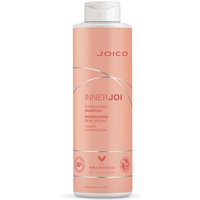 Joico InnerJoi Strengthen Shampoo 1000ml, peach bottle with white cap, pink and silver text, sleek design.