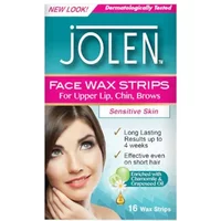 Jolen Facial Strip Wax 16pcs box, teal and pink design, image of a woman, claims for sensitive skin and long-lasting results.