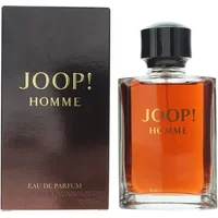Joop! Homme Eau De Parfum 125ml in a clear glass bottle with a black cap, amber liquid, next to a dark box.