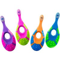 Colorful Jordan Step 1 toothbrush for ages 0-2, with a large handle hole, textured grip, and soft bristles.