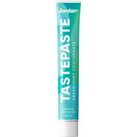Jordan Tastepaste Mild Mint Toothpaste 50 ml tube, turquoise and white design with bold text and fluoride mention.