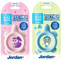 Pink and blue Jordan teether and training toothbrush for 0-12 months, with cute animal designs and easy-grip handles.