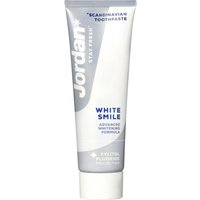 Jordan White Smile Toothpaste 75 ml tube, white with blue accents, advanced whitening formula text.