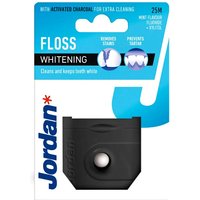 Black Jordan Whitening Floss 25m with activated charcoal, in a compact case with blue and white packaging.