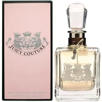 Juicy Couture Eau De Parfum 100ml in a clear square bottle with a crystal cap and gold emblem, pink box beside it.