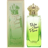 Green Juicy Couture perfume bottle with gold crown cap and matching box, labeled "Palm Trees Please" 75ml.