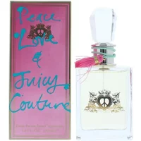 Juicy Couture Peace Love & Juicy Couture perfume, 100ml bottle with pink tassel and ornate logo, pink box with blue text.