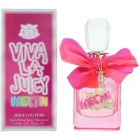 Pink Juicy Couture Viva La Juicy Neon perfume bottle with a bright pink bow and gold charm, 50ml size.