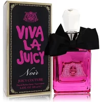 Juicy Couture Viva La Juicy Noir perfume, pink bottle with black bow, next to matching black and pink box.