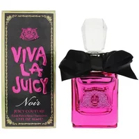 Pink Juicy Couture Viva La Juicy Noir perfume bottle with black bow, clear cap, and matching box.