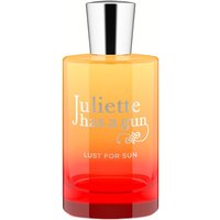 Orange to red gradient perfume bottle with silver cap, labeled "Juliette has a Gun - Lust for Sun Eau de Parfum."