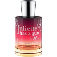 Unisex floral perfume bottle, gradient pink to orange, silver cap, "Juliette has a Gun" text, 50 ml size.
