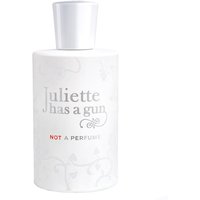 White cylindrical bottle of "Juliette has a Gun - Not A Perfume" with silver cap and subtle floral design.