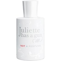 White cylindrical bottle of "Juliette has a Gun Not A Perfume" Eau de Parfum, 50 ml, with minimalist text design.