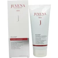Juvena Men Rejuven Shower & Shampoo Gel 200ml, white tube with red text, next to matching box.