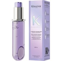 Kérastase Blond Absolu Hair Oil in a sleek purple bottle with a silver cap, next to a matching lavender box.