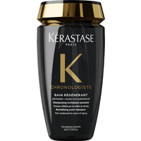 Black Kérastase Chronologiste shampoo bottle with gold cap and label accents, 250ml size.