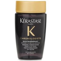 Black and gold Kérastase Chronologiste Bain 80ml travel shampoo bottle with sleek design and bold lettering.