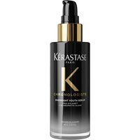 Black and gold Kérastase Chronologiste Night Serum bottle, 90ml, with pump dispenser and elegant design.