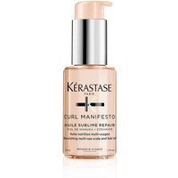 Kérastase Curl Manifesto Repair Oil in a clear bottle with a peach pump and silver cap, 50ml size.