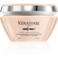 Beige Kérastase Curl Manifesto Masque jar with silver lid, 200ml, nourishing butter hair mask.