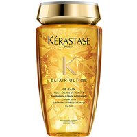 Gold Kérastase Elixir Ultime Bain shampoo bottle with a shiny cap and elegant floral design, 250ml size.
