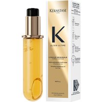 Kérastase Elixir Ultime hair oil refill, 75ml, in a clear gold bottle with black cap, next to a gold and white box.
