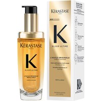 Kérastase Elixir Ultime hair oil in a clear bottle with gold pump, next to a gold and white box, 75ml size.