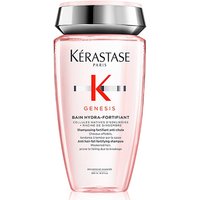 Clear bottle of Kérastase Genesis Bain Hydra-Fortifiant shampoo, pink liquid, silver cap, red logo.