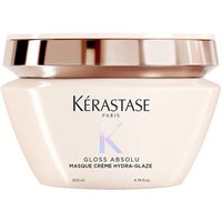 Cream-colored Kérastase Gloss Absolu Masque jar with rose gold lid, 200ml capacity, sleek and elegant design.