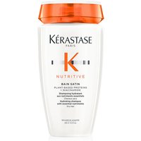 Kérastase Nutritive Bain Satin shampoo in white bottle with orange cap and bold orange "K" logo.