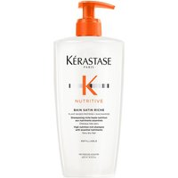 Clear Kérastase Nutritive Bain Satin Riche Shampoo bottle with orange pump and black text, 500ml size.